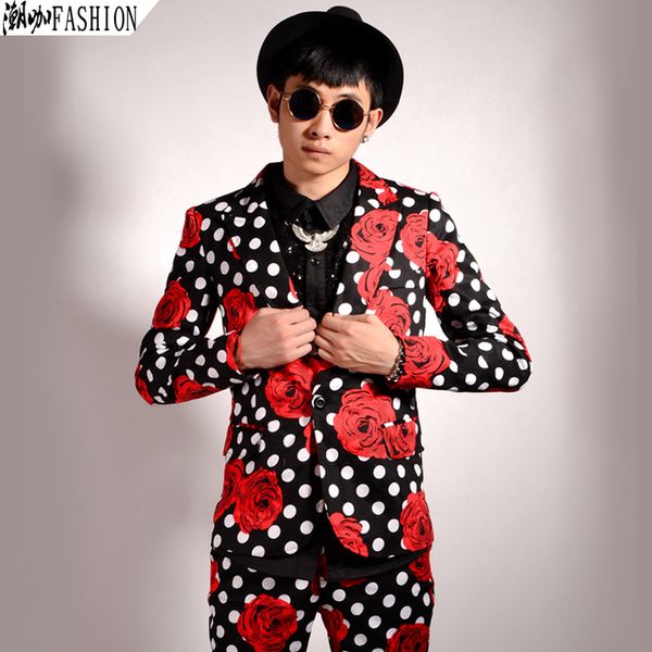 

wholesale- 2016 fashion mens flower blazer floral jacket polka dot blazer prom party dress club m-3xl mens outfits slim fit fancy blaser, White;black