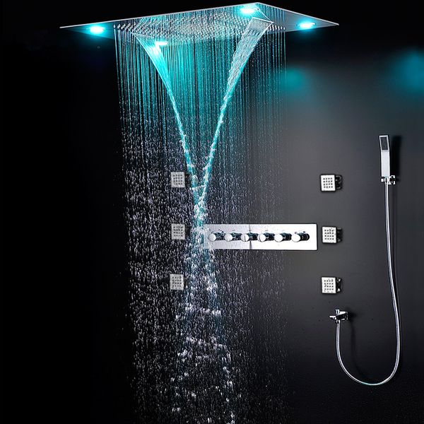 

modern luxury european style shower set large sus304 5 functions showerhead thermostatic mixer waterfall rainfall bathroom led ceiling light