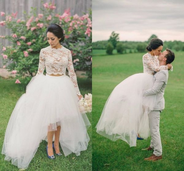 Abito da sposa in pizzo alto e basso Due pezzi Abiti da campagna da giardino con illusione di tulle da sposa a maniche lunghe con collo alto primaverile