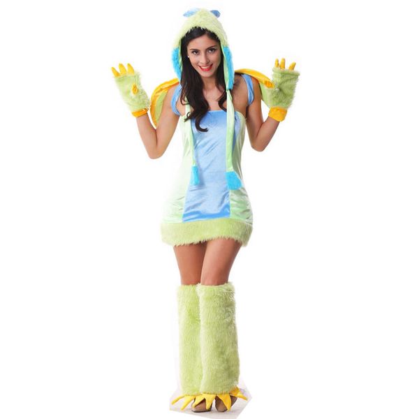 Sexy Ladies Dinosaur Bird Costume peloso Simpatico animale Cosplay Halloween Fancy Mini abito con cappello ad ala