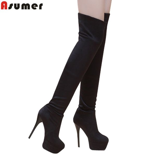 

wholesale-plus size 34-43 suede boots fashion stiletto high heels women boots round toe platform autumn thigh high over the knee boots, Black