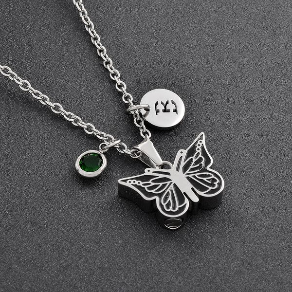 

black enamel butterfly memorial jewelry diy birthstone letter cremation urn pendant necklace for pet/human ashes women fashion jewelry, Silver
