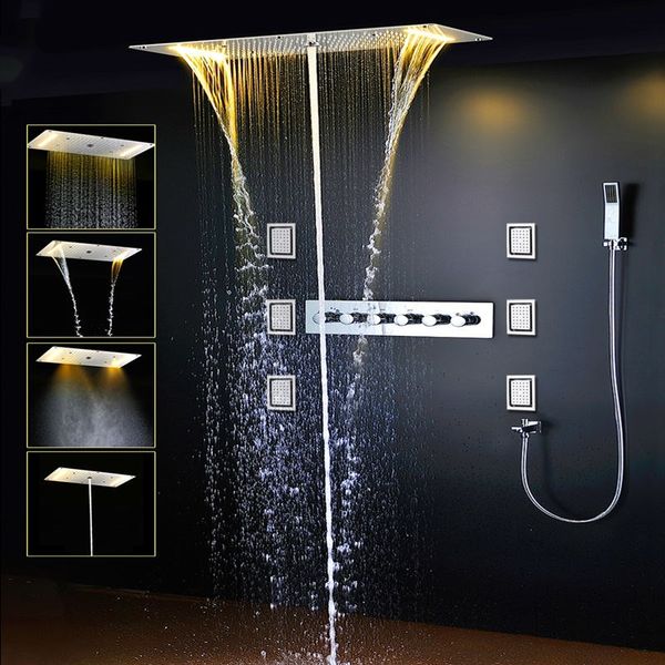 

luxury led rain shower thermostatic faucets sus304 with embedded ceiling led shower head 380x700mm rainfall mist spout 4'' body je