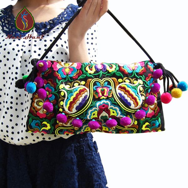 

wholesale- selling hmong embroidery women handbags vintage fashion cover pompon small bells shouder messenger bags ethnic small bags