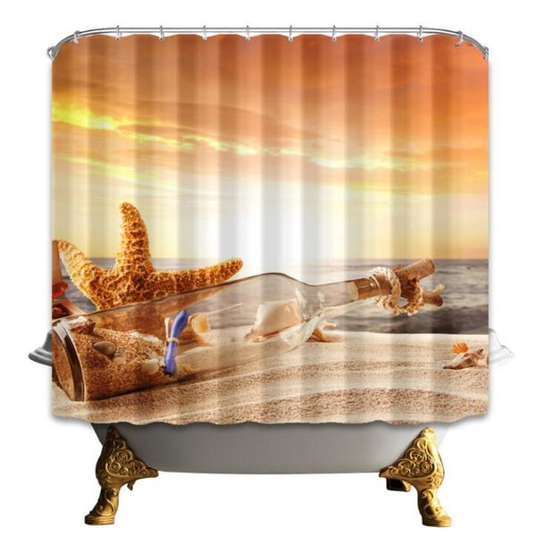 2019 Beach Shower Curtain Ocean Drifting Bottle Starfish Bathroom