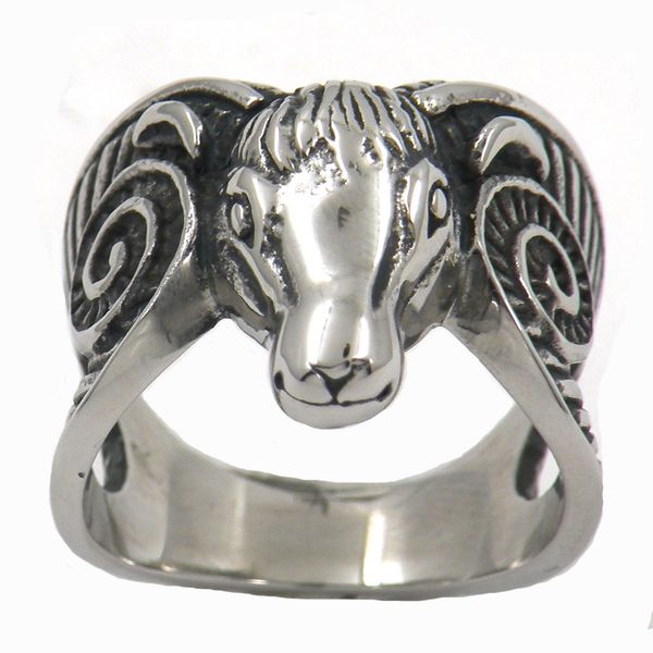 

fanssteel 11w80 stainless steel mens jewelry punk ring vintage ringcurly lamb sheep animal biker ring gift for brothers, Silver