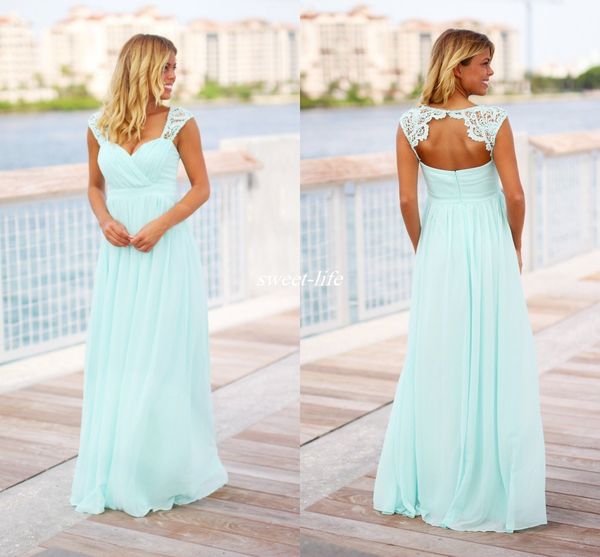 

На Заказ Мятно-Зеленый Длинные Платья Невесты Империи Талии Открытой Спиной Круж