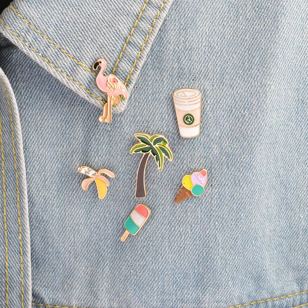 Flamingo Palm Tree Banana Ice Cream Café Pins Broche Sets Badge Mulheres Moda Bonito Pin Jóias Atacado