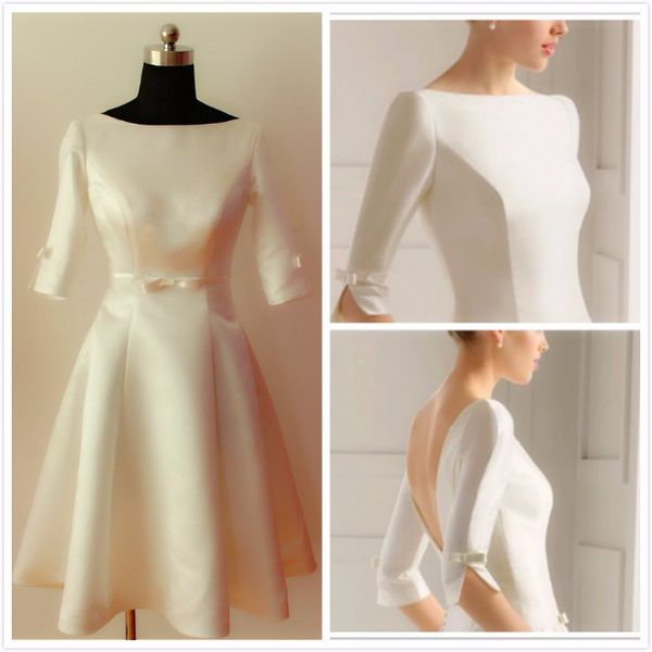 

vestido de noiva popular boho wedding dress simple beach backless half sleeves bow bridal gowns wedding gowns robe de mariage, White