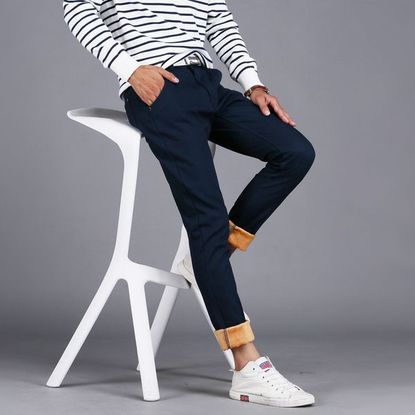 

wholesale- mens warm fleece lined trousers pants men slim fit pants black khaki blue casual winter trousers pants