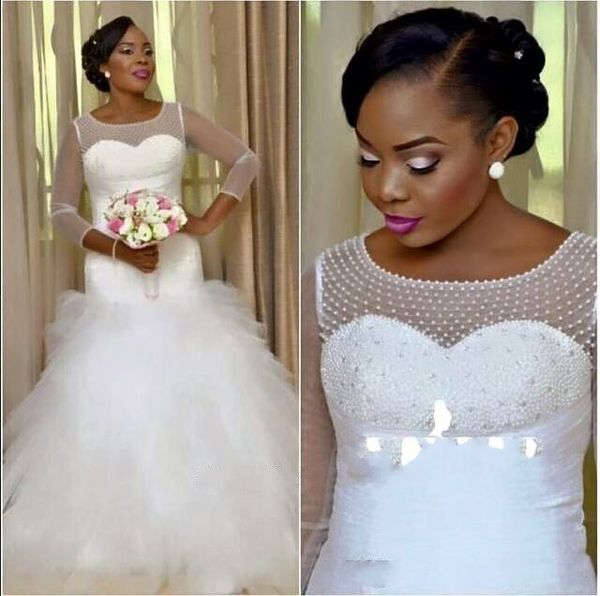 Sexy 3 4 Sleeve African Wedding Dresses Mermaid 2017 Pearls