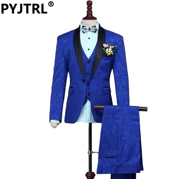 Venda por atacado- (jaqueta + calça + colete) nova moda noivo casamento três peça jacquard weave ternos Royal Blue Mens terno marca roupas