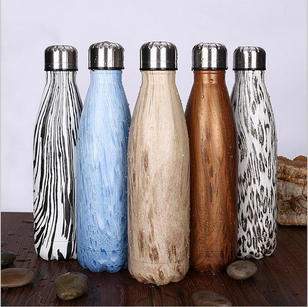 Holzfarbe, 17 Unzen, Cola-Form, vakuumisolierte Edelstahl-Wasserflasche für Outdoor-Sportarten, Leopard-Bowling-Flaschen, Camo-Trinkbecher