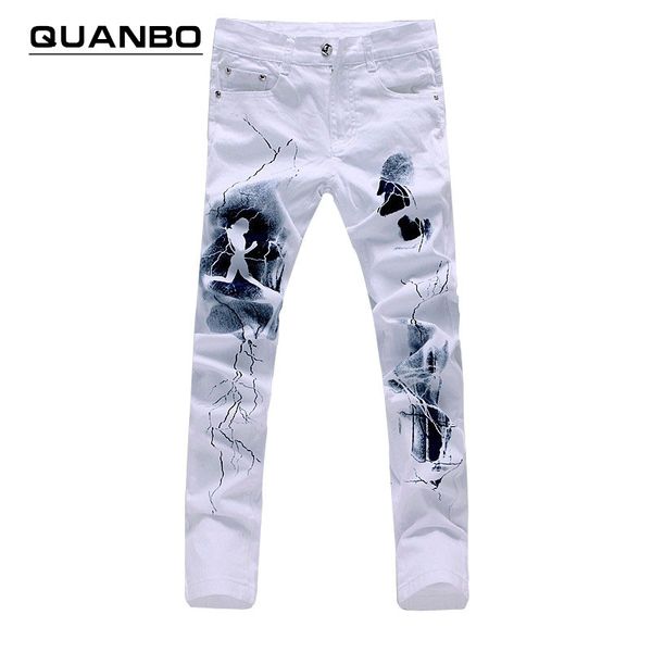 

wholesale-quanbo big size white printed men jeans fashion male unique cotton stretch jeans man's casual character pattern biker jeans, Blue