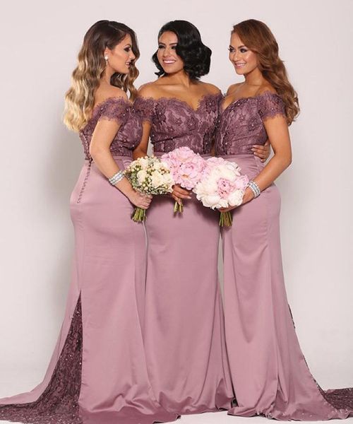 

2017 New Charming Pink Off Shoulder Lace Applique Long Bridesmaid Dresses Beads Top Maid Of Honor Dresses Floor Length Formal Party Gowns, Blue;red