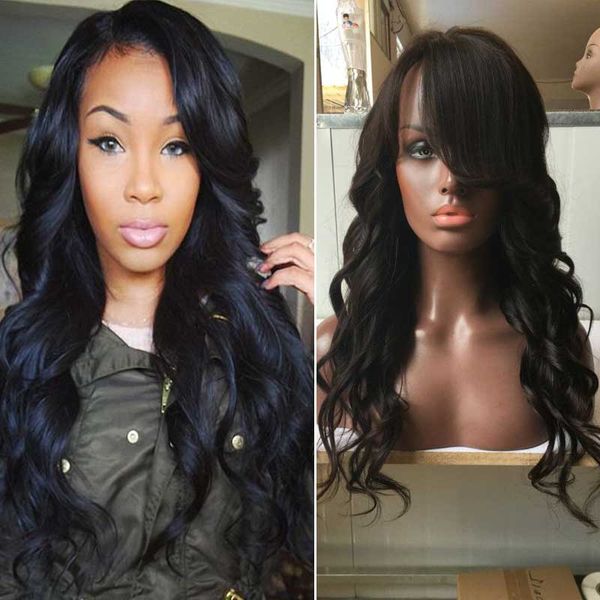 

side bangs brazilian glueless lace wigs human hair lace front wig with baby hair bleached knots, Black;brown