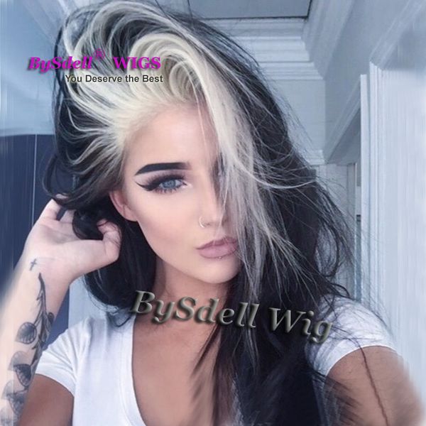 Long Straight Smooth Hair Highlight Blonde Dark Black Color Wig Synthetic Heat Resistant Lace Front Wigs For Fashion Black White Lady Wearing