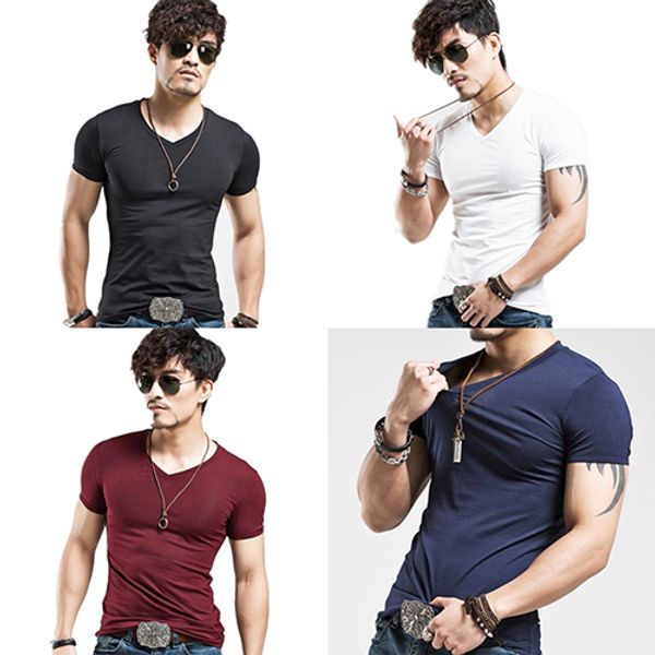 

wholesale- new arrival men's fashion high elastic tight t-shirt v-neck shirt short sleeve, White;black
