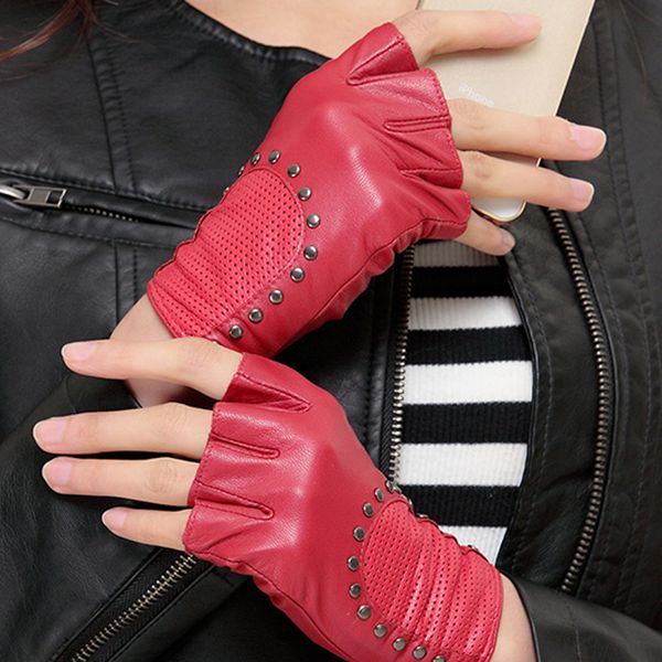 

wholesale- women' gloves lampskin fingerless rock punk rivets driving leather gloves cyw520, Blue;gray
