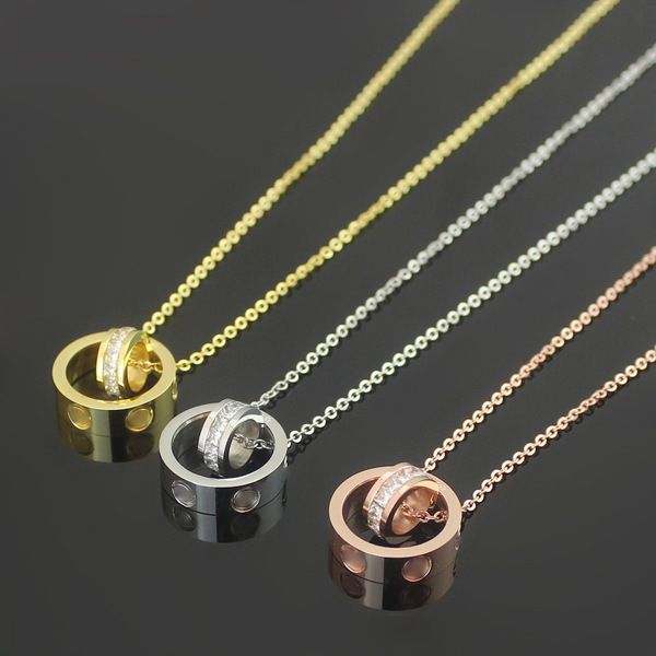 

Titanium steel jewelry size double ring square drill necklace 18K rose gold lady size within the double ring necklace pendant for women