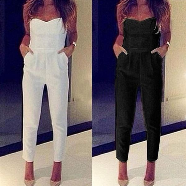 All'ingrosso- Tuta da donna Sexy a vita alta Slim Solid Pocket Tute lunghe Tuta Pantalone Bianco Nero 2016 Tuta senza spalline Pagliaccetti