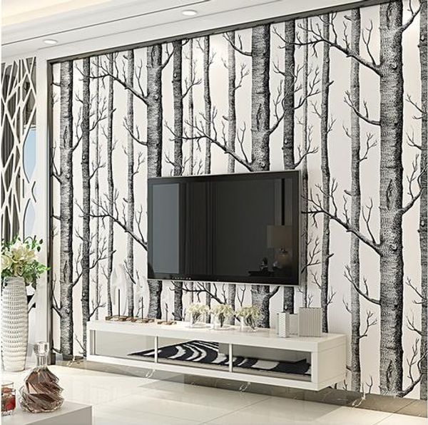 

Black White Birch Tree Wallpaper for Bedroom Modern Design Living Room Wall Paper Roll Rustic Forest Woods Wallpapers