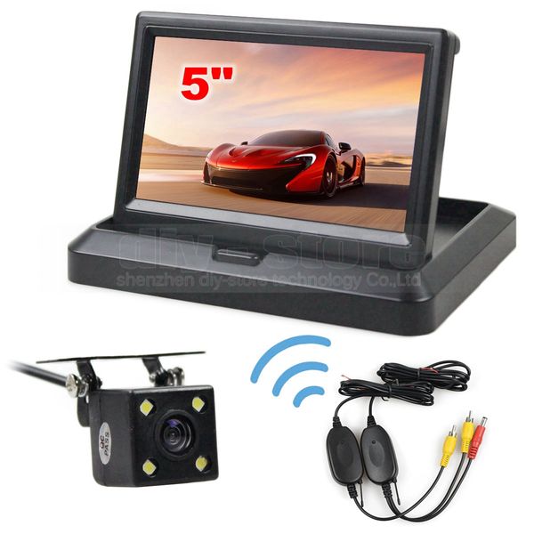 DIYKIT Monitor per retrovisione wireless da 5 pollici Monitor per auto Impermeabile 4 x LED Visione notturna a colori Videocamera per retromarcia Sistema di parcheggio