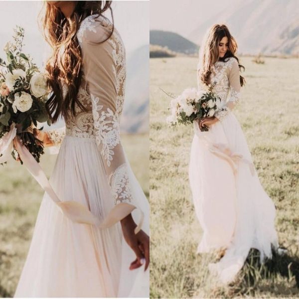 

bohemian country wedding dresses with sheer long sleeves bateau neck a line lace applique chiffon boho bridal gowns ba6589, White