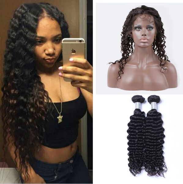 

brazilian deep wave hair weave with closure 360 frontal with bundles deep wave virgin hair pre plucked full 360 human hair bundles, Black
