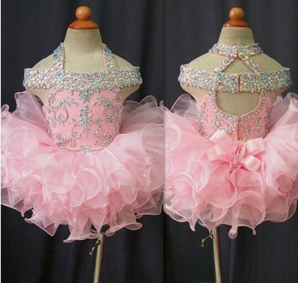 Immagine reale Abiti da spettacolo per bambini Rosa Organza Cupcake Abiti da ballo per bambini Perline di cristallo Aperto sul retro con fiocco Compleanno formale per ragazze Pa1926