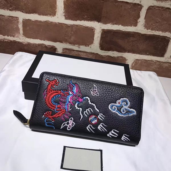 

2017 new arrival quality cowhide leather men wallet fashion brand designer long purse the wallet embroidered with dragon patterns black colo, Red;black