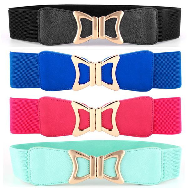 

wholesale- women lady golden bow buckle elastic belt faux leather stretch waist band bltyn0002, Black;brown