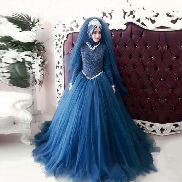 

dark navy muslim wedding dresses long sleeve high neck beading lace tulle a line modest design bridal gowns custom size, White