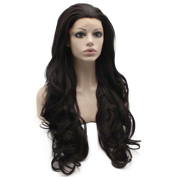 

26" long black wavy wig heat safe synthetic hair front lace wig