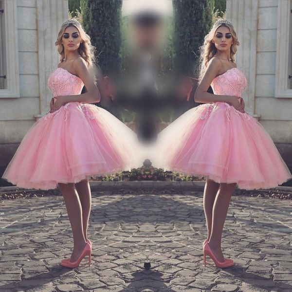 Wunderschöne rosa trägerlose kurze Ballkleider mit Schnürung, Applikationen, Perlen, Abendkleider, knielanges Tüll-Heimkehr-Partykleid, formelle Kleidung