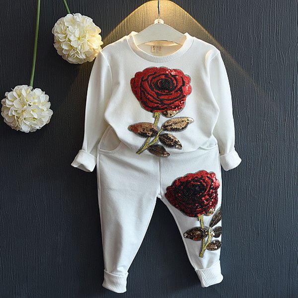 

девушки одежда устанавливает весна 2017 шерсть спортивная одежда с длинным рукавом розовый цветочный вышитые sequinsets детская одежда набор, White