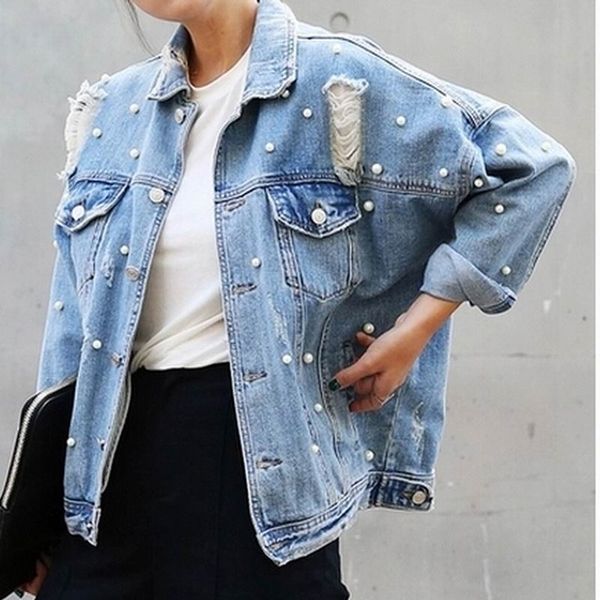 

wholesale- real p long sleeved loose large size women korean old denim coat fashion hole beading jean jacket brand for mori girl, Black;brown