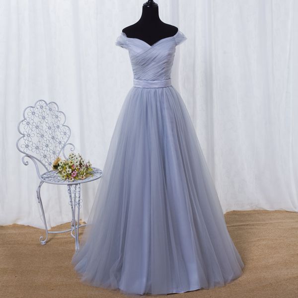 Vestidos de dama de honra cinza esfumaçado fora do ombro com renda nas costas plissados vestidos de festa de casamento de tule Borgonha, azul royal, vestidos de noite lavanda baratos