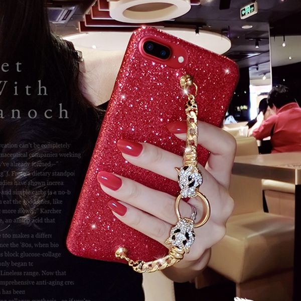 

для iphone 6 6 S 7 8 плюс роскошные довольно симпатичные Алмазный леопард браслет цепь красный черный блеск мягкий телефон чехол