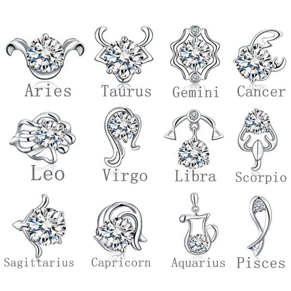 

retro 925 sterling silver jewelry stud earrings 12 zodiac signs constellations zirconia ears nail for women mix order, Golden;silver