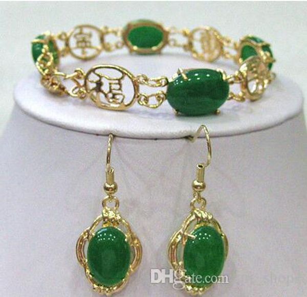

2017 green jade beads link bracelet earrings set, Black