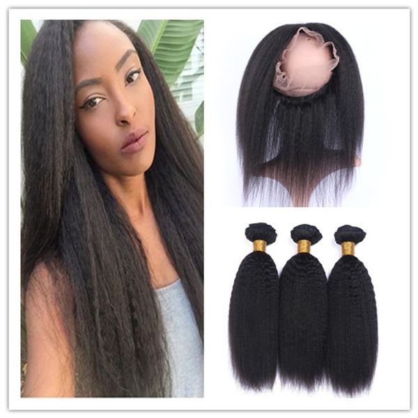 

brazilian kinky straight virgin hair wefts with 360 band lace frontal 22.5x4x2 coarse yaki 360 full lace frontal closure with 3bundles, Black