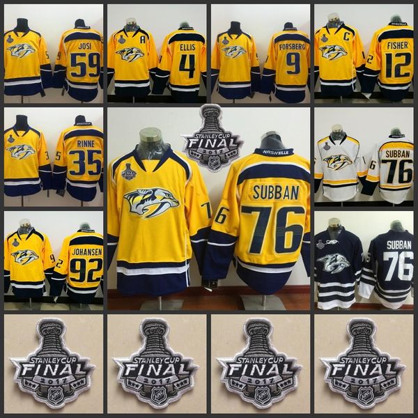 

2017 Nashville Predators 76 P.K Subban 35 Rinne 59 josi 4 ellis 9 forsberg 12 fusher 92 johansen yellow blue Hockey Jersey