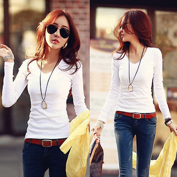 

plain women basic wholesale- stretch long crew round shirts neck sleeve tee t-shirts uclgs, Black