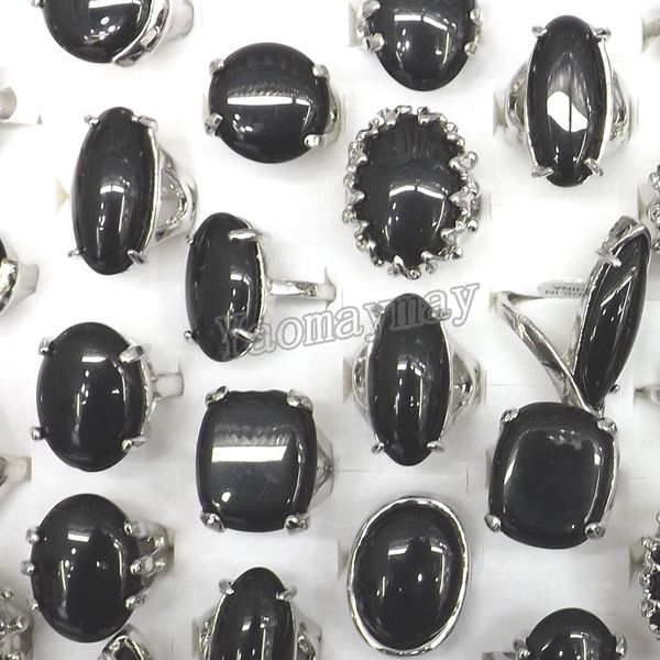 

wholesale 50pcs/lot large sized natural black agate rings mix design factory direct supply ing, Golden;silver