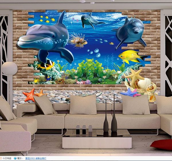 Luxus europäischen modernen 3D Meer Welt Delphin TV Fototapete 3d wallpaper 3d Tapeten für TV Hintergrund