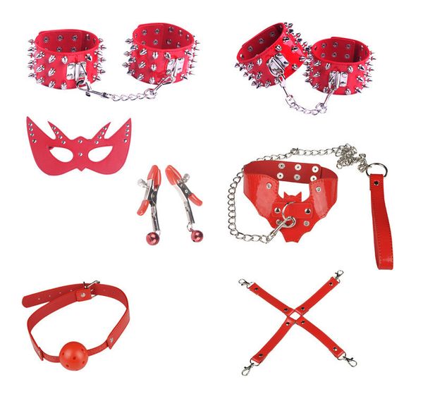 

red kits sm erotic positioning 7in1 black for restraint fetish j10-29 bondage couples shackle collar kit sm leather bandage handcuffs t iicb