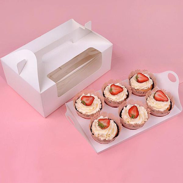 Scatola per cupcake in carta con finestra Scatole per imballaggio in muffin per torta a 6 fori Forniture per imballaggio per regali di compleanno per matrimoni ZA4021