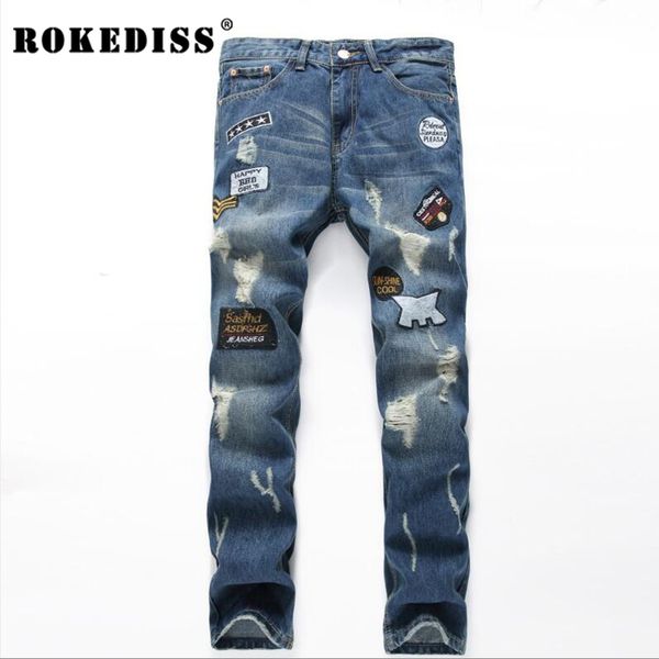 

wholesale- fashion embroidery straight denim jeans men pants cotton robin skinny men's biker jeans 2016 zipper jeans men slim trousers, Blue