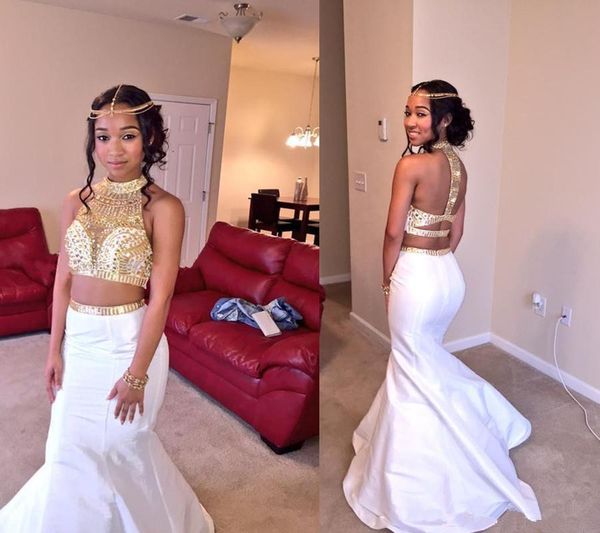 

2 pieces gold crystals prom dresses high neck backless mermaid taffeta style party dress custom size, Black